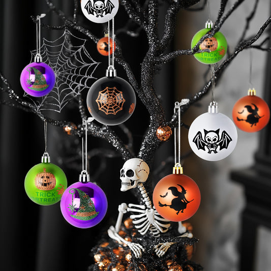 16Pcs Halloween Hanging Baubles | 6CM Printed Spooky Halloween Ornaments for Party & Tree Decor