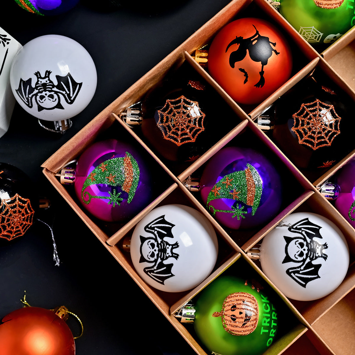 16Pcs Halloween Hanging Baubles | 6CM Printed Spooky Halloween Ornaments for Party & Tree Decor