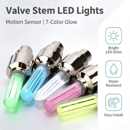 2 Pack Waterproof LED Tire Valve Stem Lights, Neon Glowing Wheel Accessories for Bicycles, Motorcycles, Electric Scooters & Cars, Night‑Time Safety Decor Lights