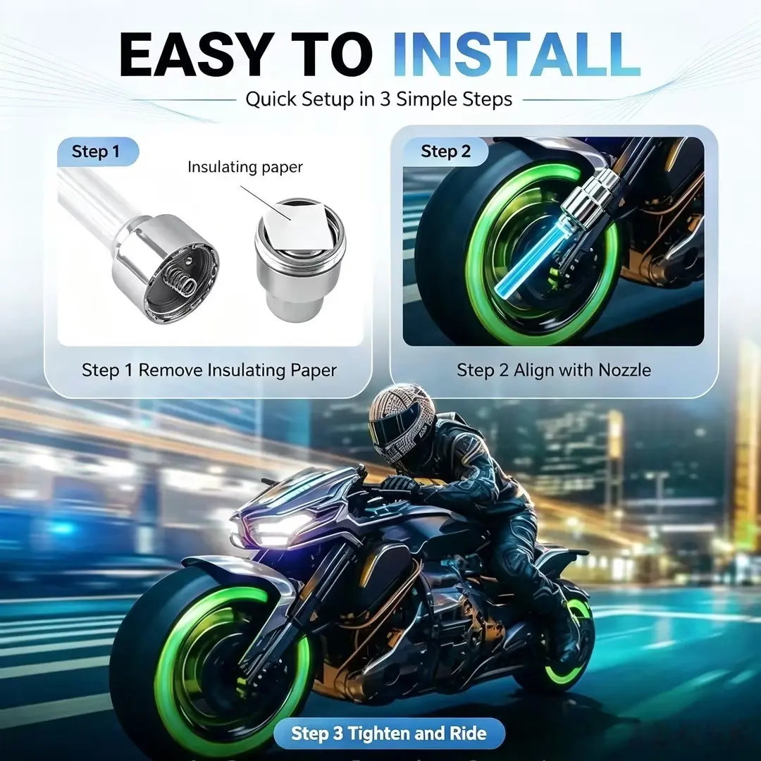 2 Pack Waterproof LED Tire Valve Stem Lights, Neon Glowing Wheel Accessories for Bicycles, Motorcycles, Electric Scooters & Cars, Night‑Time Safety Decor Lights