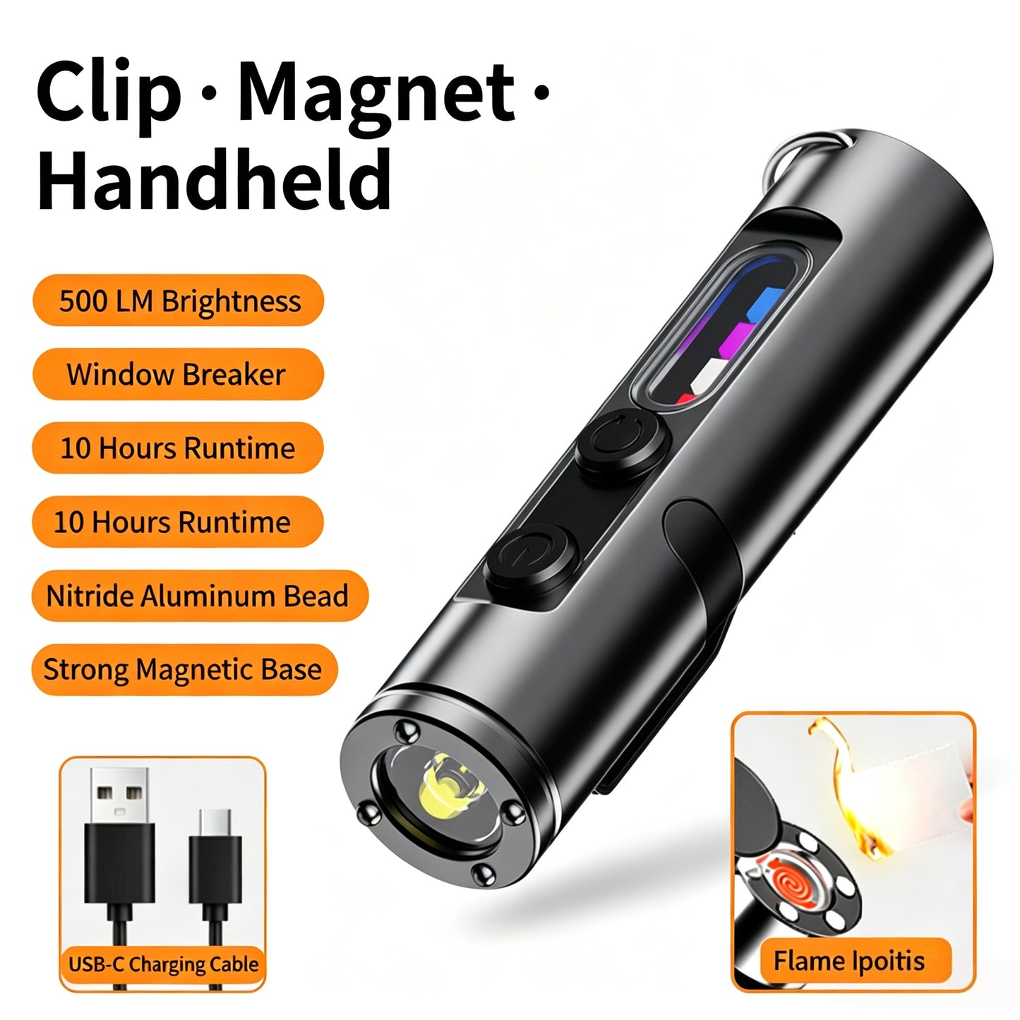 🔧K2 Mini Keychain EDC Flashlight | 500LM USB‑C Torch with Emergency Fire Starter & Window Breaker