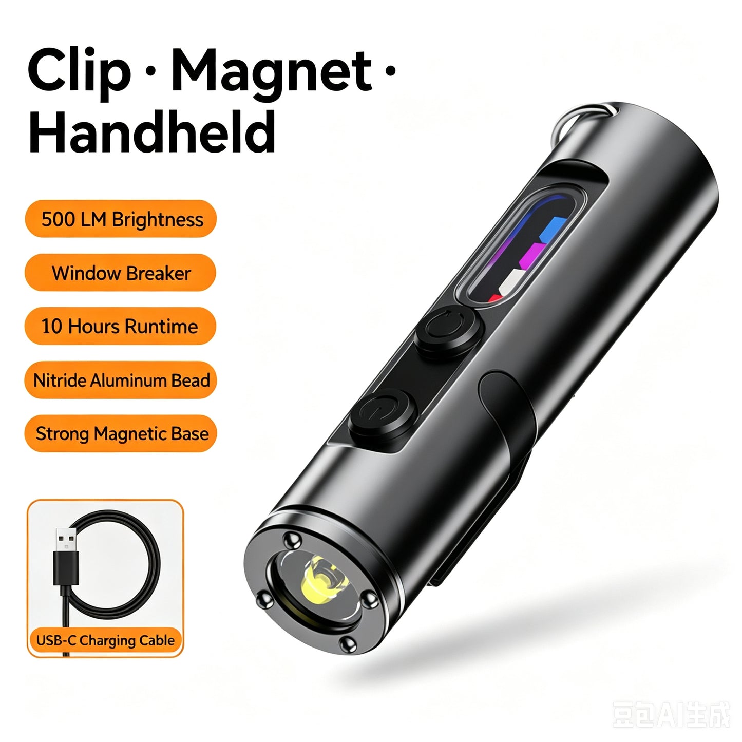 🔧K2 Mini Keychain EDC Flashlight | 500LM USB‑C Torch with Emergency Fire Starter & Window Breaker