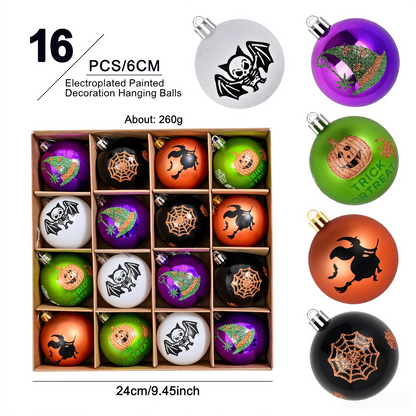 16Pcs Halloween Hanging Baubles | 6CM Printed Spooky Halloween Ornaments for Party & Tree Decor