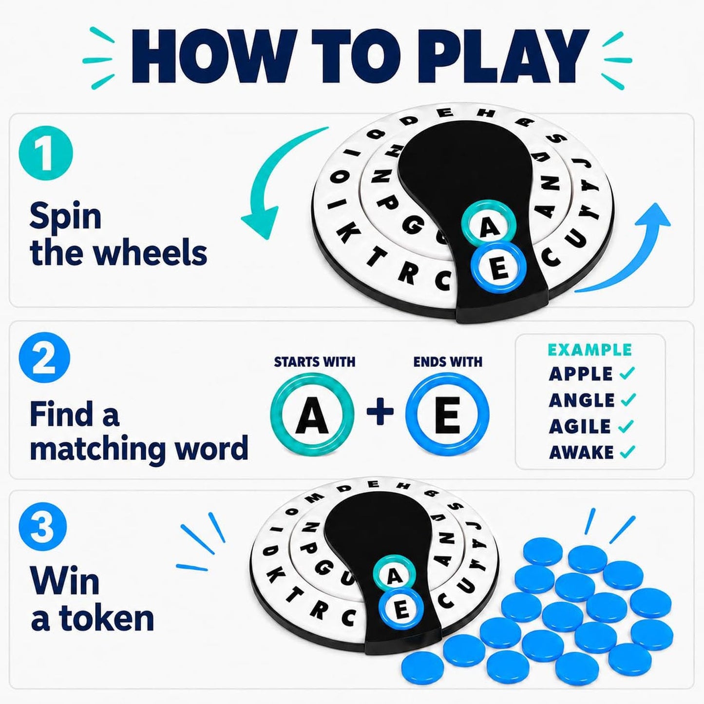 Starts With Ends With by Relatable - The Fast Paced Word Game Your Family Games Collection Has Been Missing. Spin The Letter Wheels and Race to Shout the Word – Includes 1 Spinner Device and 20 Tokens.