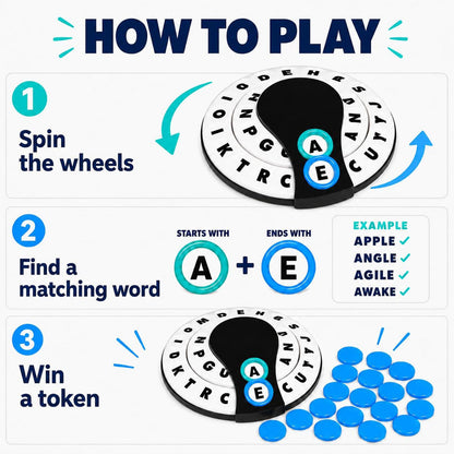 Starts With Ends With by Relatable - The Fast Paced Word Game Your Family Games Collection Has Been Missing. Spin The Letter Wheels and Race to Shout the Word – Includes 1 Spinner Device and 20 Tokens.