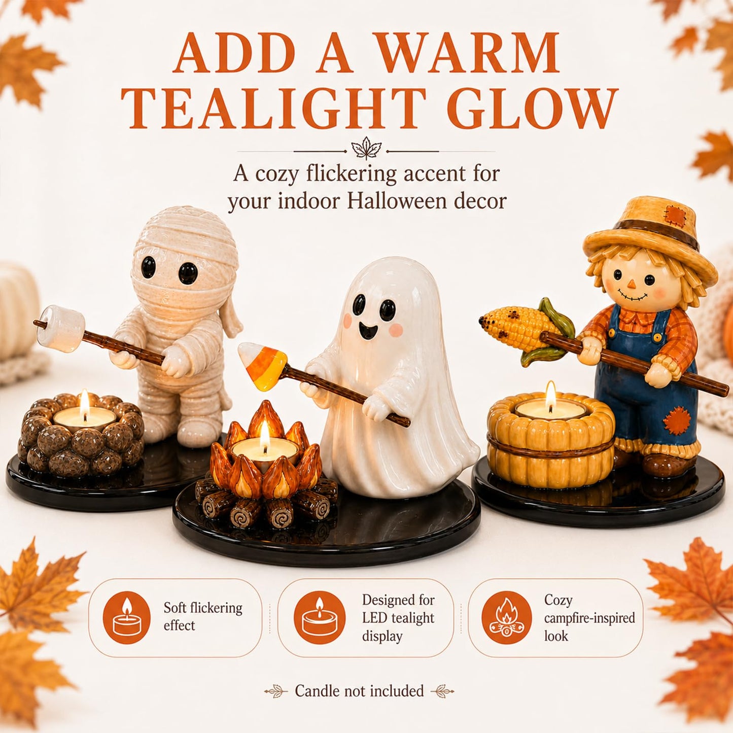Halloween Campfire Gathering Tealight Holder, Cute Ghost Mummy Scarecrow Figurine Candle Holder for Mantel & Tabletop Decor, No Candle Included