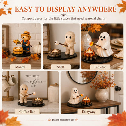 Halloween Campfire Gathering Tealight Holder, Cute Ghost Mummy Scarecrow Figurine Candle Holder for Mantel & Tabletop Decor, No Candle Included