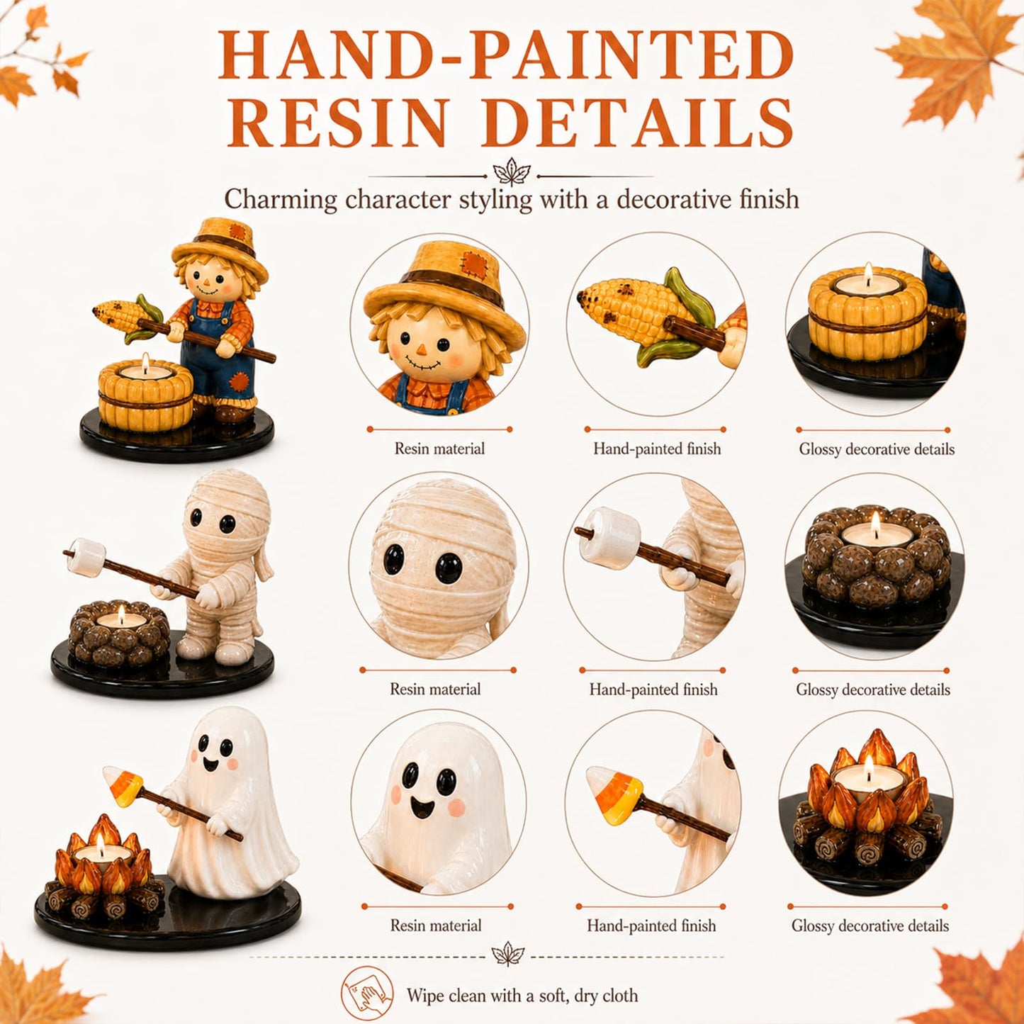 Halloween Campfire Gathering Tealight Holder, Cute Ghost Mummy Scarecrow Figurine Candle Holder for Mantel & Tabletop Decor, No Candle Included