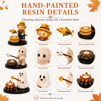 Halloween Campfire Gathering Tealight Holder, Cute Ghost Mummy Scarecrow Figurine Candle Holder for Mantel & Tabletop Decor, No Candle Included