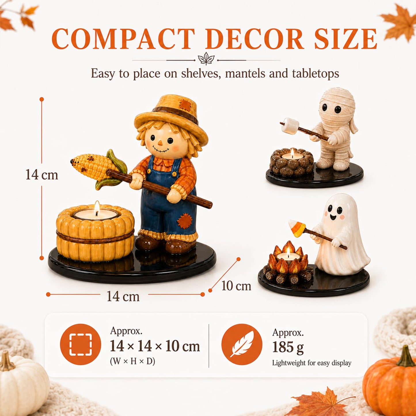 Halloween Campfire Gathering Tealight Holder, Cute Ghost Mummy Scarecrow Figurine Candle Holder for Mantel & Tabletop Decor, No Candle Included