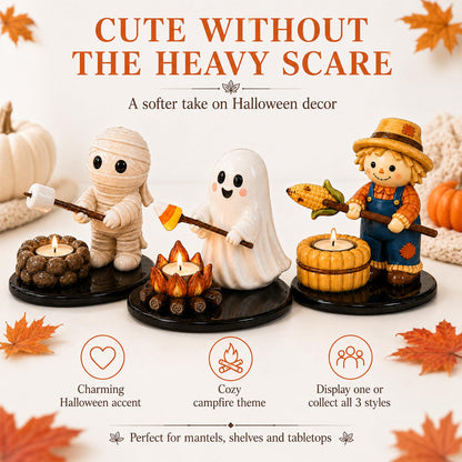 Halloween Campfire Gathering Tealight Holder, Cute Ghost Mummy Scarecrow Figurine Candle Holder for Mantel & Tabletop Decor, No Candle Included