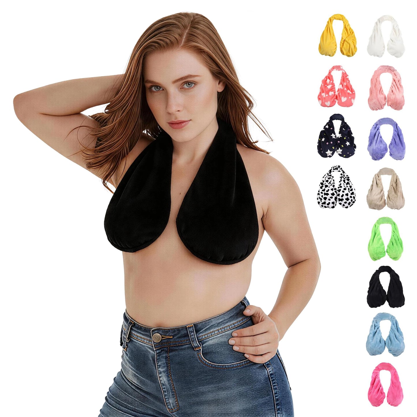 Multicolor Plush Halter-Neck Bath Wrap Top – Soft Fleece SPA/Makeup/Bath Bra – Reusable Quick-Dry Towel Bra (Suitable for Skincare, Bathing, and Lounging)
