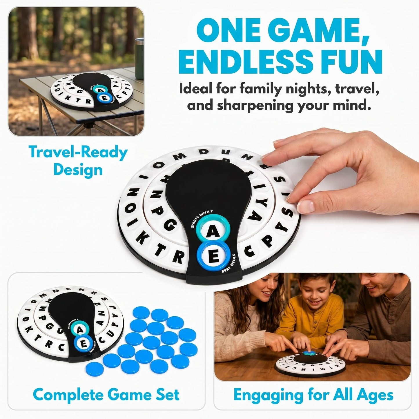Starts With Ends With by Relatable - The Fast Paced Word Game Your Family Games Collection Has Been Missing. Spin The Letter Wheels and Race to Shout the Word – Includes 1 Spinner Device and 20 Tokens.