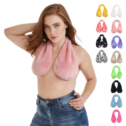 Multicolor Plush Halter-Neck Bath Wrap Top – Soft Fleece SPA/Makeup/Bath Bra – Reusable Quick-Dry Towel Bra (Suitable for Skincare, Bathing, and Lounging)