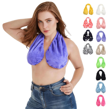 Multicolor Plush Halter-Neck Bath Wrap Top – Soft Fleece SPA/Makeup/Bath Bra – Reusable Quick-Dry Towel Bra (Suitable for Skincare, Bathing, and Lounging)