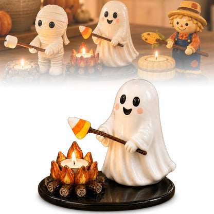 Halloween Campfire Gathering Tealight Holder, Cute Ghost Mummy Scarecrow Figurine Candle Holder for Mantel & Tabletop Decor, No Candle Included