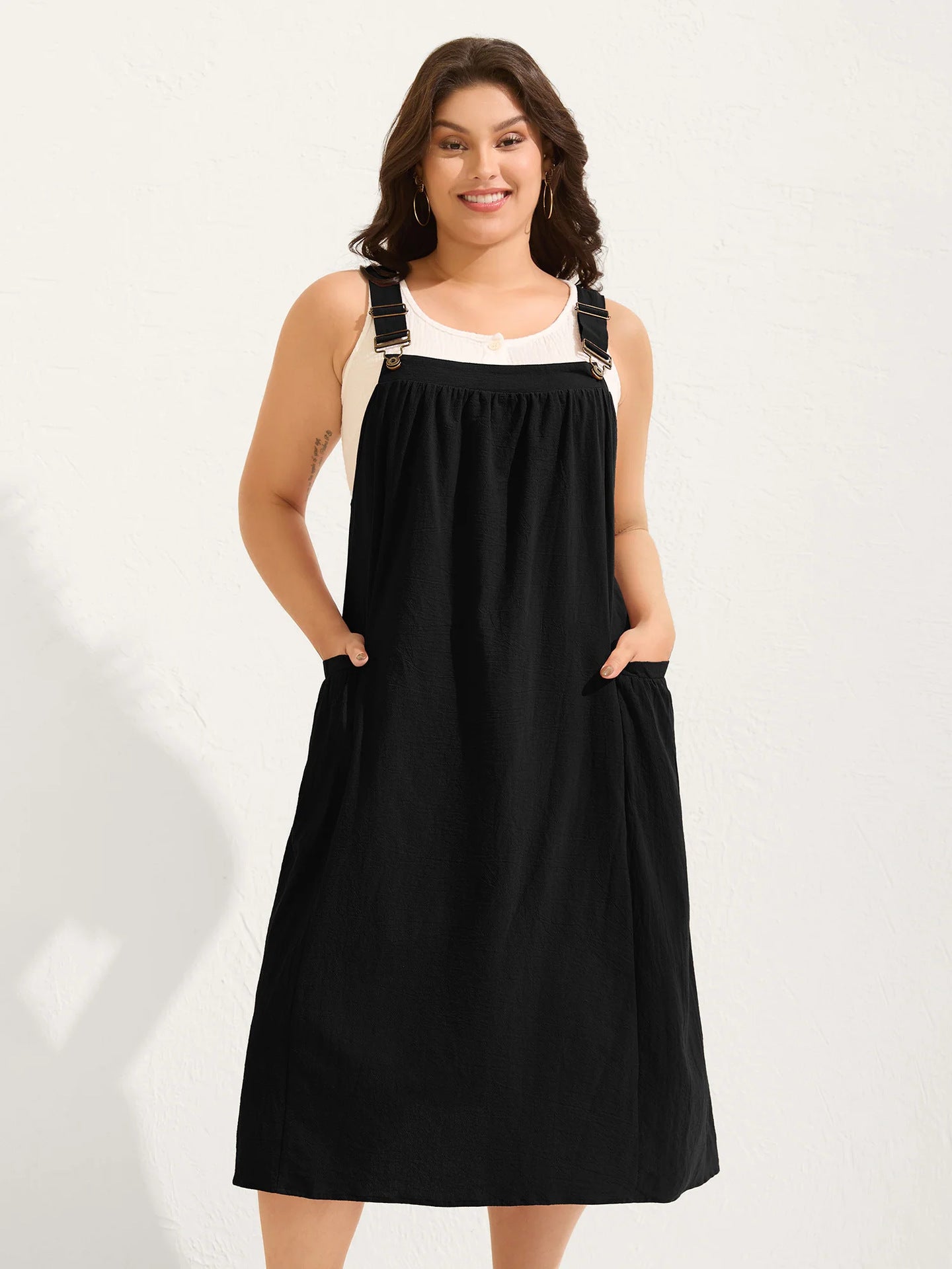 Women's Plus Size Cotton Pleated Pinafore Midi Dress, Sleeveless Relaxed Flowy Fit, Breathable Basic Fabric, Rust Color, Curvy Boho Earthy Summer Vacation Outfit, Sizes M-4X
