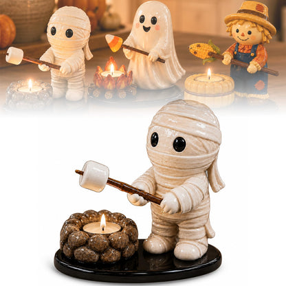 Halloween Campfire Gathering Tealight Holder, Cute Ghost Mummy Scarecrow Figurine Candle Holder for Mantel & Tabletop Decor, No Candle Included