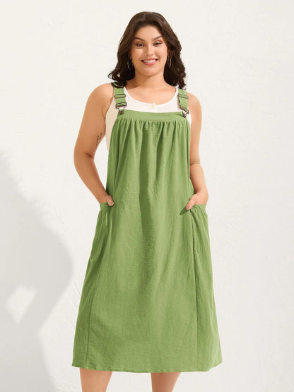 Women's Plus Size Cotton Pleated Pinafore Midi Dress, Sleeveless Relaxed Flowy Fit, Breathable Basic Fabric, Rust Color, Curvy Boho Earthy Summer Vacation Outfit, Sizes M-4X
