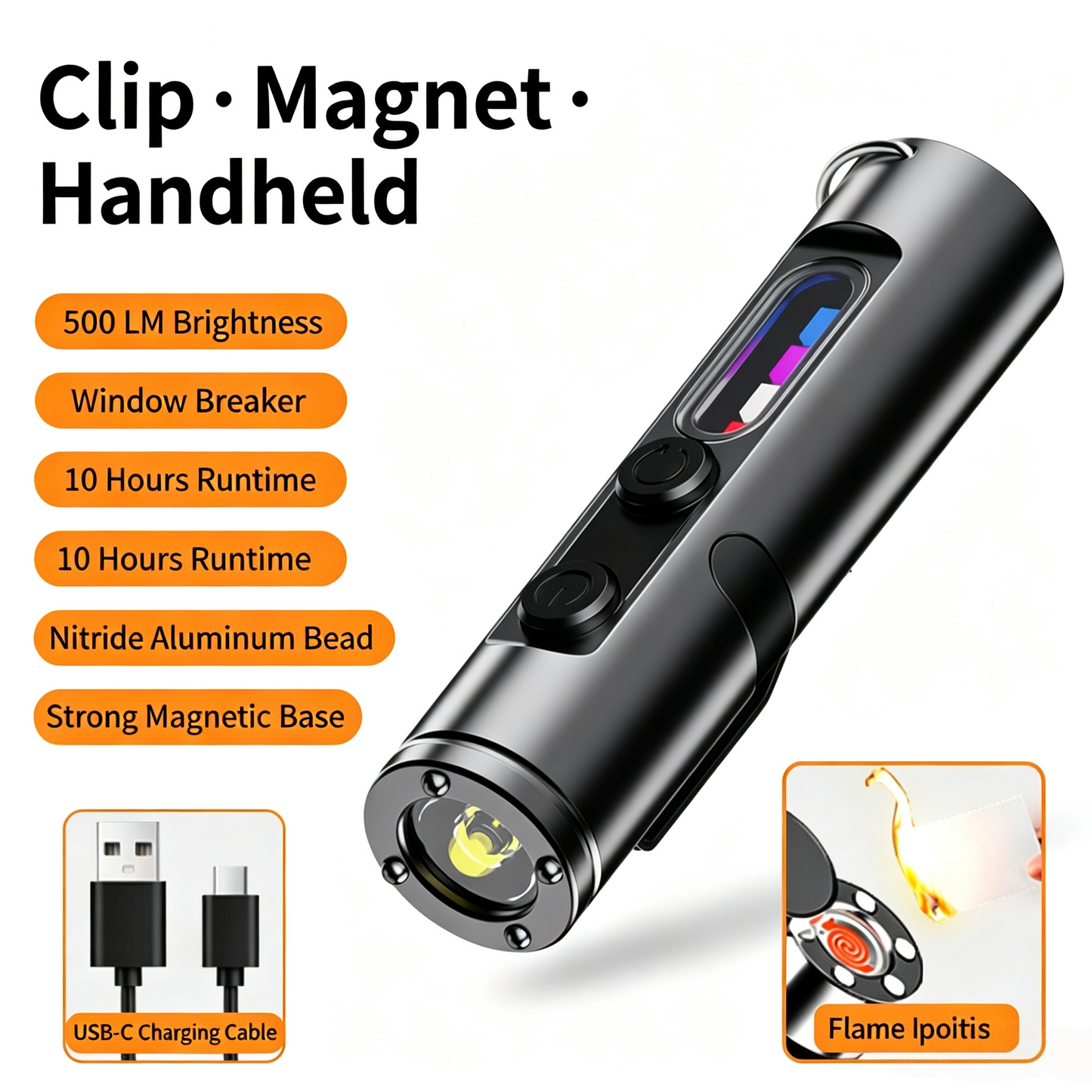🔧K2 Mini Keychain EDC Flashlight | 500LM USB‑C Torch with Emergency Fire Starter & Window Breaker