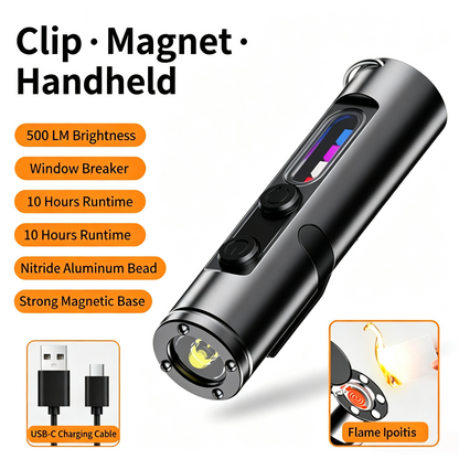 🔧K2 Mini Keychain EDC Flashlight | 500LM USB‑C Torch with Emergency Fire Starter & Window Breaker