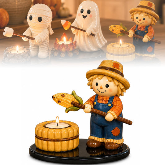 Halloween Campfire Gathering Tealight Holder, Cute Ghost Mummy Scarecrow Figurine Candle Holder for Mantel & Tabletop Decor, No Candle Included