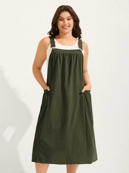 Women's Plus Size Cotton Pleated Pinafore Midi Dress, Sleeveless Relaxed Flowy Fit, Breathable Basic Fabric, Rust Color, Curvy Boho Earthy Summer Vacation Outfit, Sizes M-4X