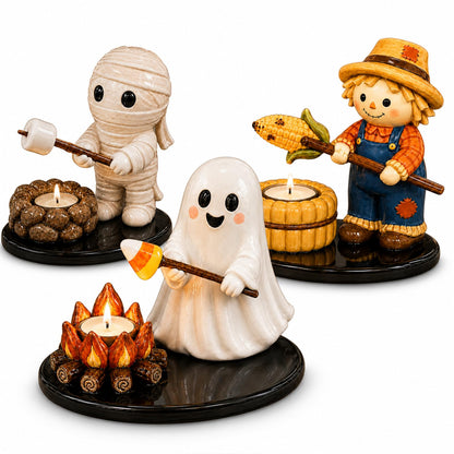 Halloween Campfire Gathering Tealight Holder, Cute Ghost Mummy Scarecrow Figurine Candle Holder for Mantel & Tabletop Decor, No Candle Included