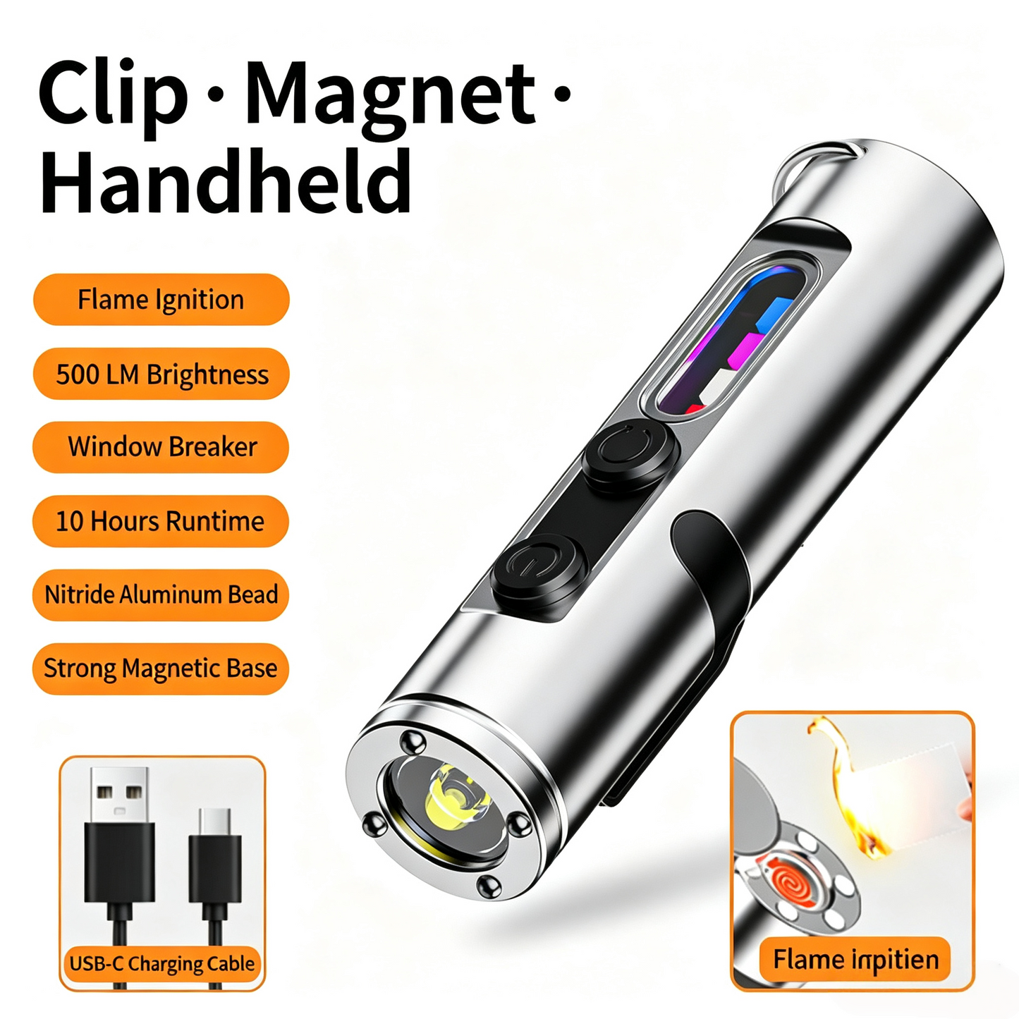 🔧K2 Mini Keychain EDC Flashlight | 500LM USB‑C Torch with Emergency Fire Starter & Window Breaker