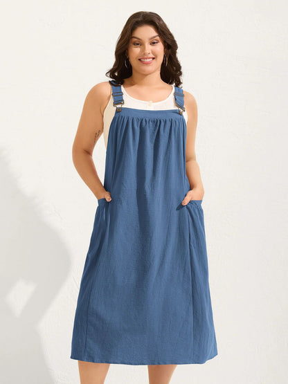 Women's Plus Size Cotton Pleated Pinafore Midi Dress, Sleeveless Relaxed Flowy Fit, Breathable Basic Fabric, Rust Color, Curvy Boho Earthy Summer Vacation Outfit, Sizes M-4X