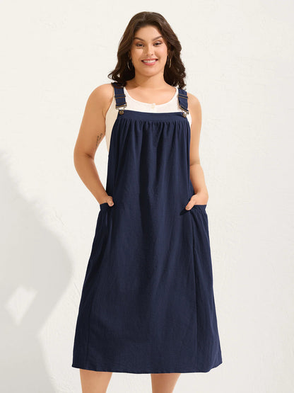 Women's Plus Size Cotton Pleated Pinafore Midi Dress, Sleeveless Relaxed Flowy Fit, Breathable Basic Fabric, Rust Color, Curvy Boho Earthy Summer Vacation Outfit, Sizes M-4X
