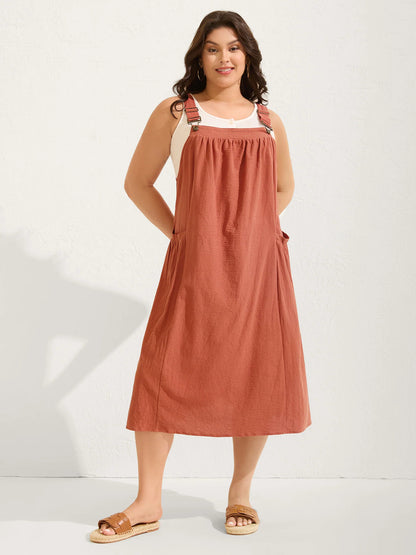 Women's Plus Size Cotton Pleated Pinafore Midi Dress, Sleeveless Relaxed Flowy Fit, Breathable Basic Fabric, Rust Color, Curvy Boho Earthy Summer Vacation Outfit, Sizes M-4X