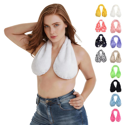 Multicolor Plush Halter-Neck Bath Wrap Top – Soft Fleece SPA/Makeup/Bath Bra – Reusable Quick-Dry Towel Bra (Suitable for Skincare, Bathing, and Lounging)